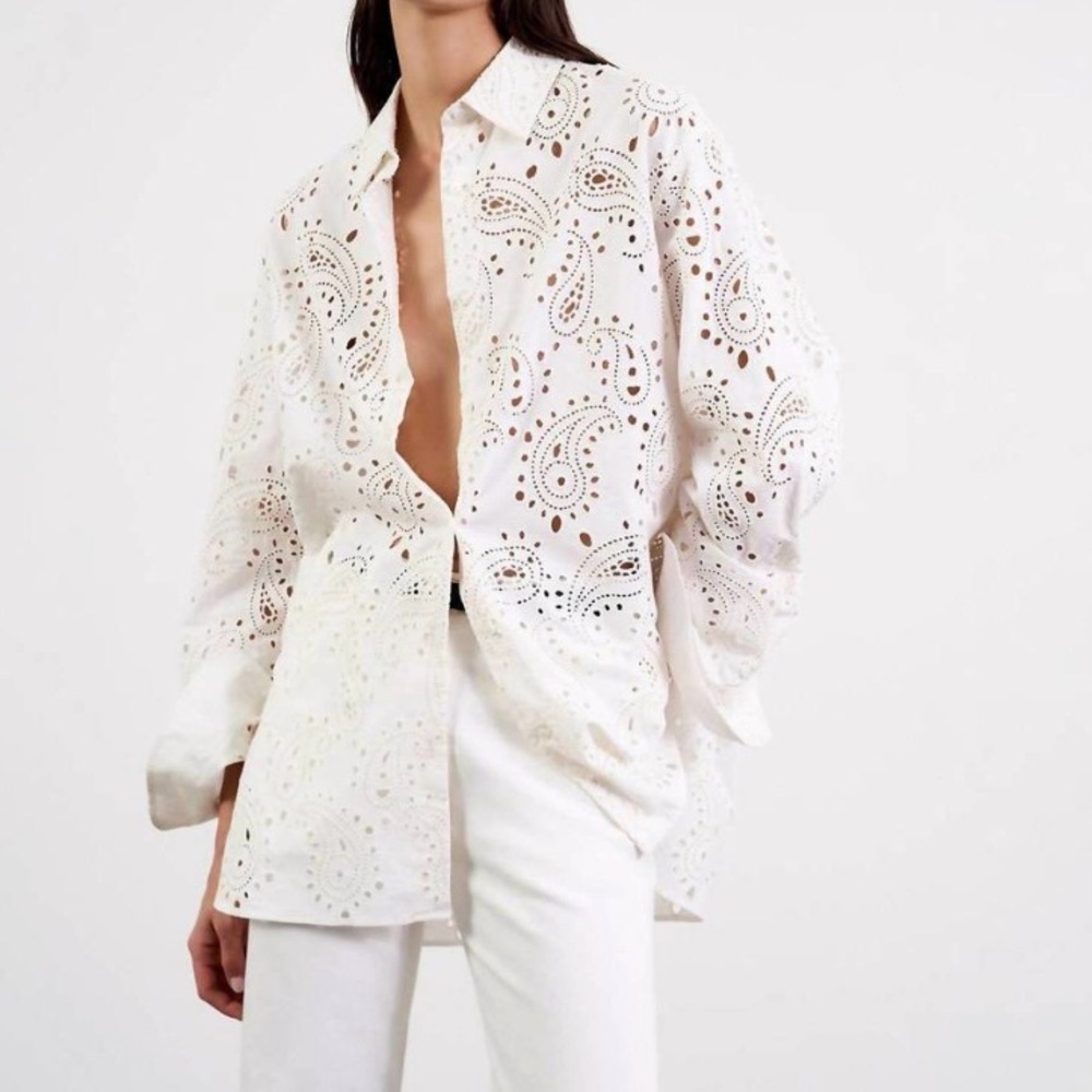 Nili Lotan White Eyelet Button-Down Shirt - Picture 2 of 12